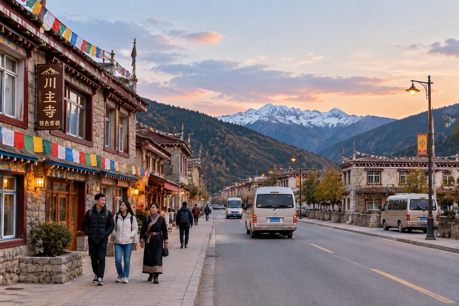 Chuanzhusi town street in Songpan County at dusk, a common first-night stop for acclimatising before Huanglong