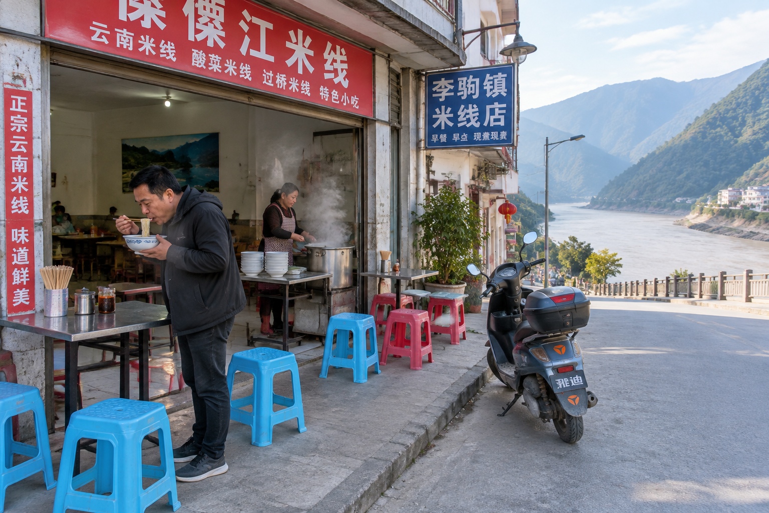 Morning street scene in Liuku, Yunnan, with a rice noodle shop and the Nujiang River nearby
