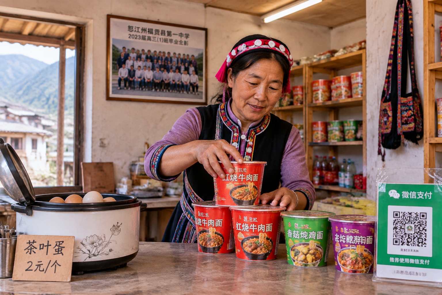 A Nu woman running a small roadside shop in Fugong County, Yunnan