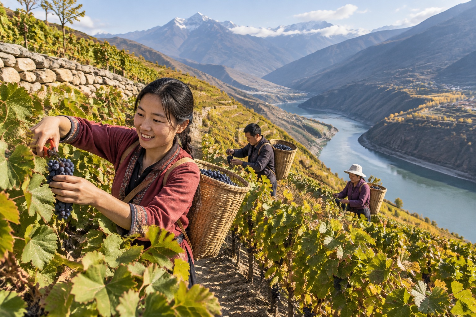 Terraced vineyards above the Lancang River in Deqin County, Yunnan