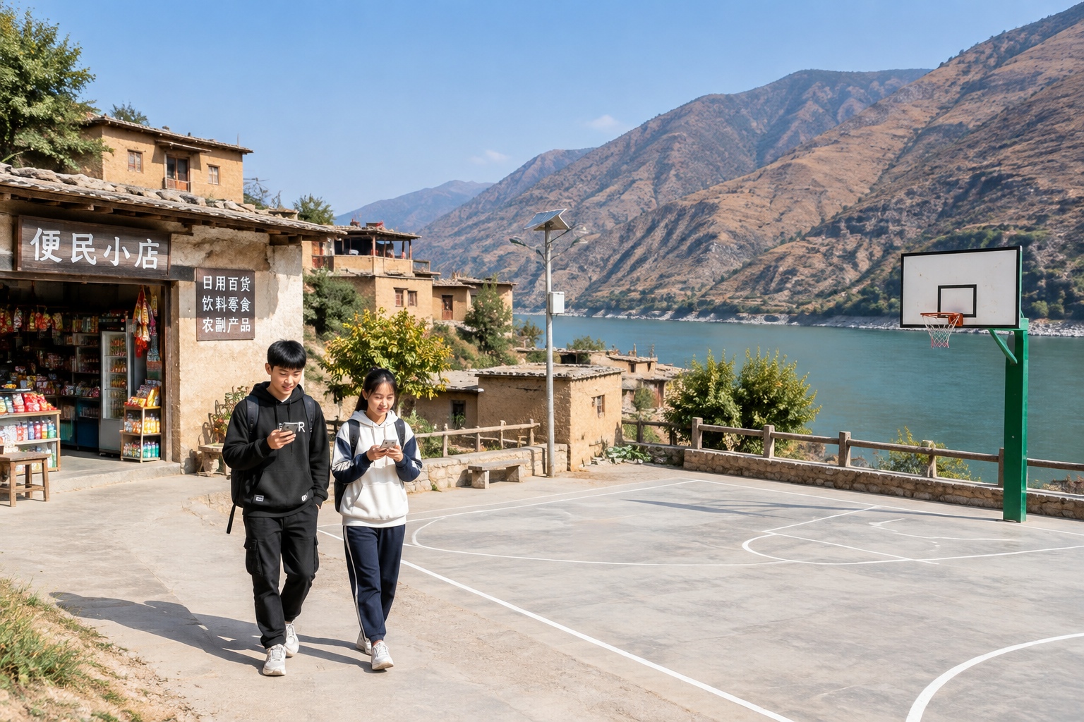A Yi village and basketball court on the Jinsha River in northwest Yunnan