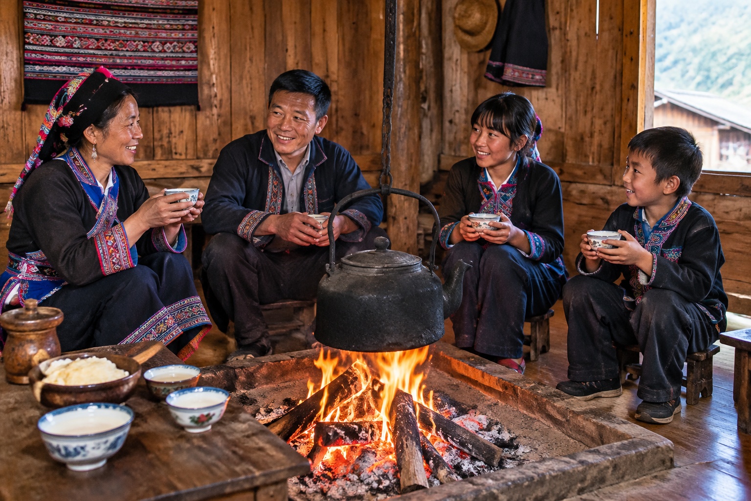 A Lisu family sitting around a fire pit inside a wooden house in Yunnan