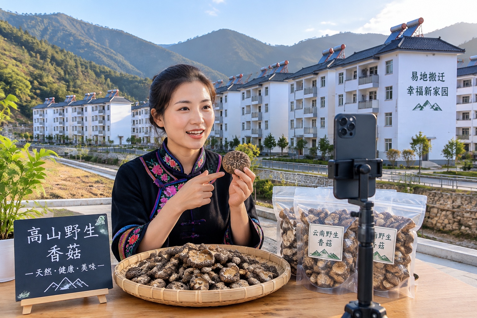 A resettlement community in a Yunnan mountain valley with solar water heaters and a woman selling goods by phone
