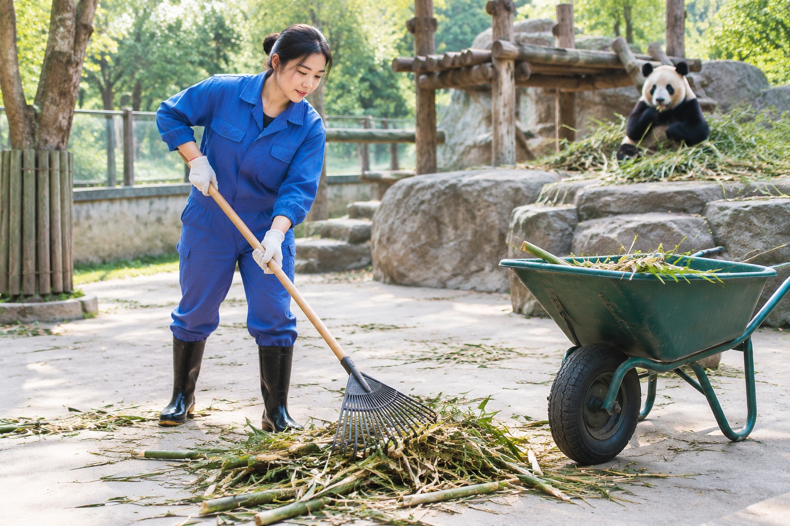 A volunteer in blue coveralls raking leftover bamboo stalks inside an outdoor giant panda enclosure in Sichuan, China