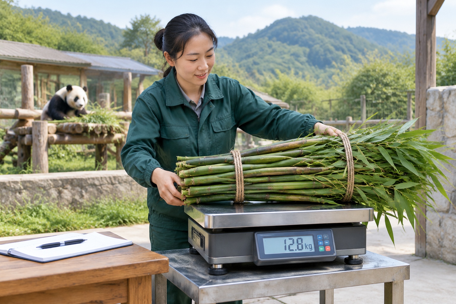 A panda keeper weighing a bundle of fresh bamboo on a digital scale outside an enclosure at a Sichuan breeding base