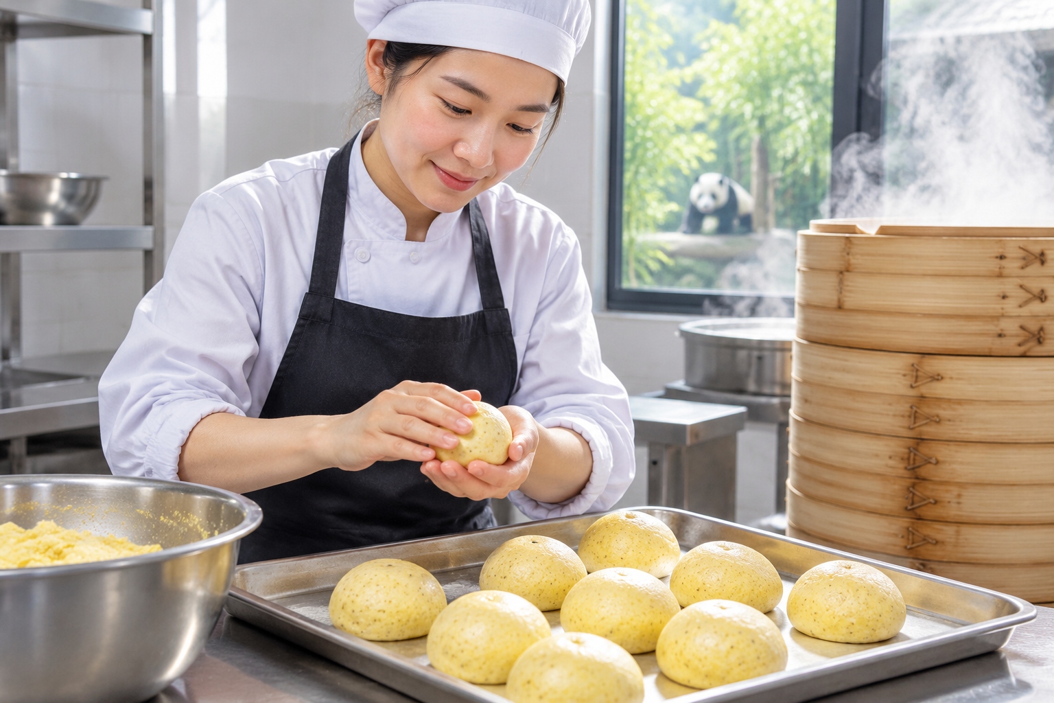 Hands shaping cornmeal and soybean dough into panda cakes on a stainless steel tray in a panda base kitchen in China