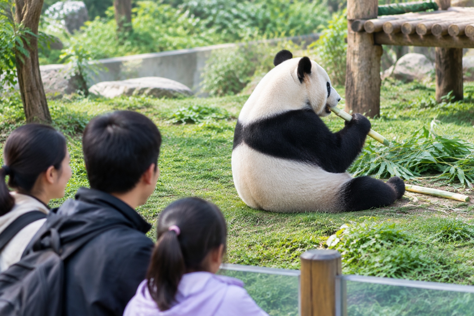 An adult giant panda sitting with its back turned while eating bamboo shoots as visitors watch from behind a barrier in Sichuan