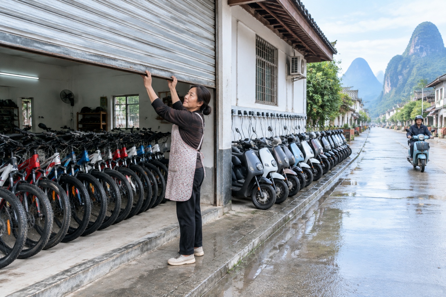 Woman opening a bicycle rental shop at dawn in Yangshuo, with rows of bikes and electric scooters lined up outside