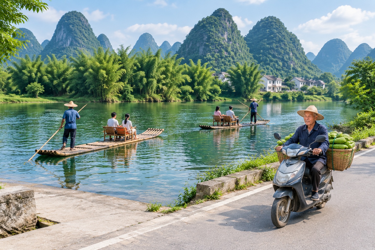 Bamboo rafts on the Yulong River in Yangshuo with a farmer riding a scooter loaded with vegetables on the road beside it