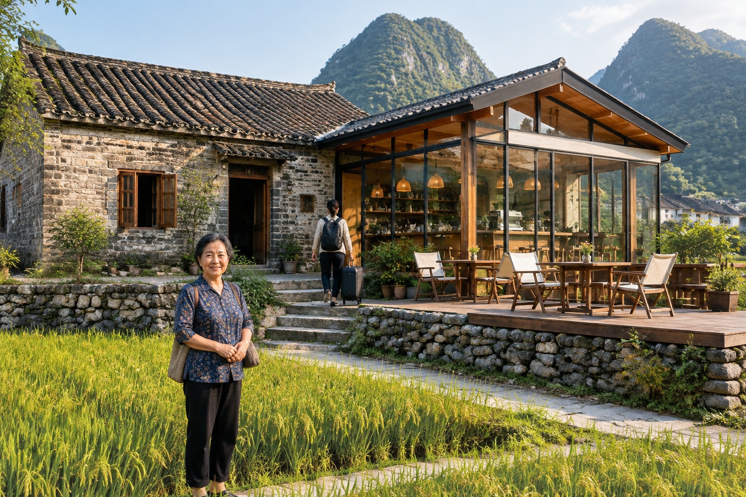 Converted farmhouse guesthouse with a glass coffee bar beside a rice field in a Yangshuo village