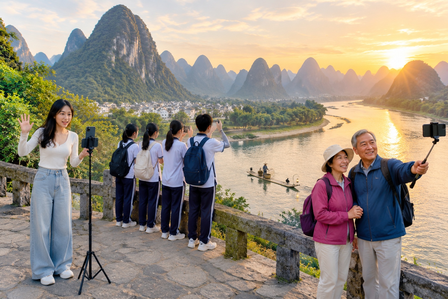 Tourists and a livestreamer at the Xingping viewpoint above the Li River at sunset, the scene printed on China's 20-yuan banknote