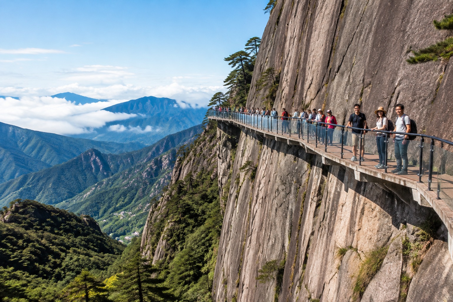 A long cliffside walkway hugging a vertical granite face on Sanqingshan, seen from across a forested valley