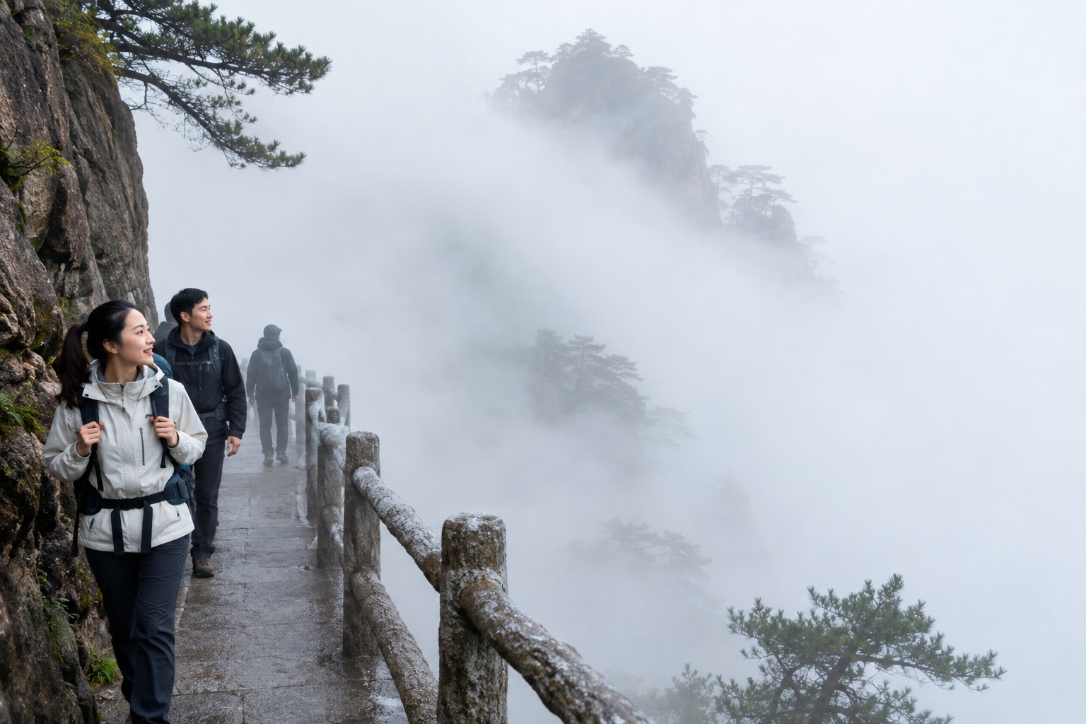 Hikers turning into silhouettes as thick fog rolls over a cliffside walkway on Sanqingshan