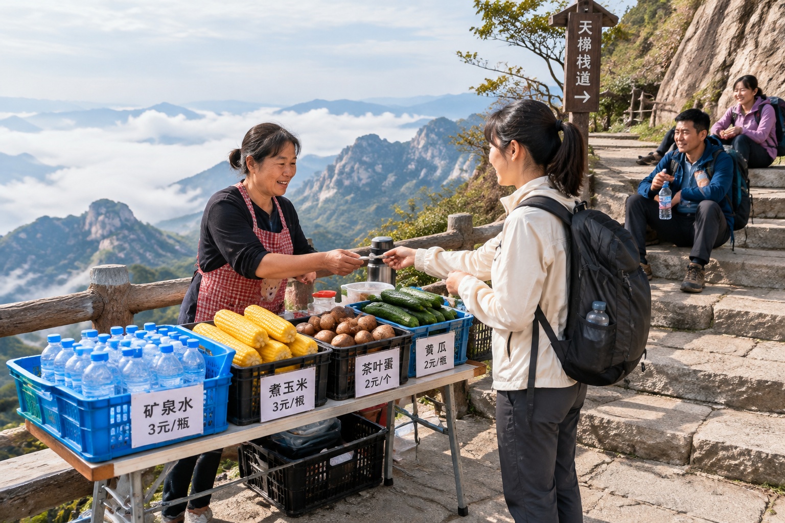 A mountain rest stop on Sanqingshan where a vendor sells corn, tea eggs and bottled water carried up by hand