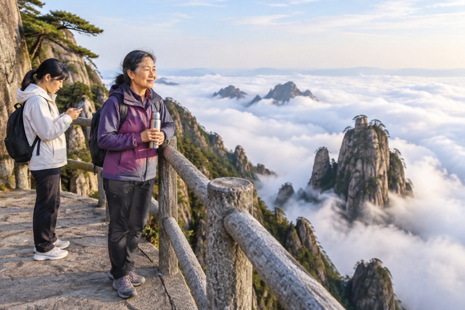 An older hiker with a steel thermos pauses on a Sanqingshan cliff walkway above a sea of clouds