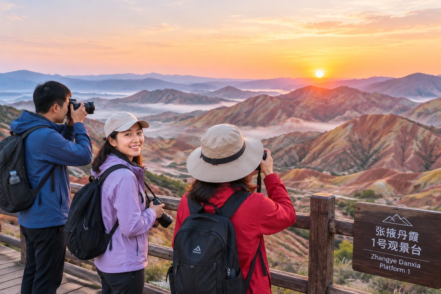 Visitors watching sunrise at Zhangye Danxia viewing platform