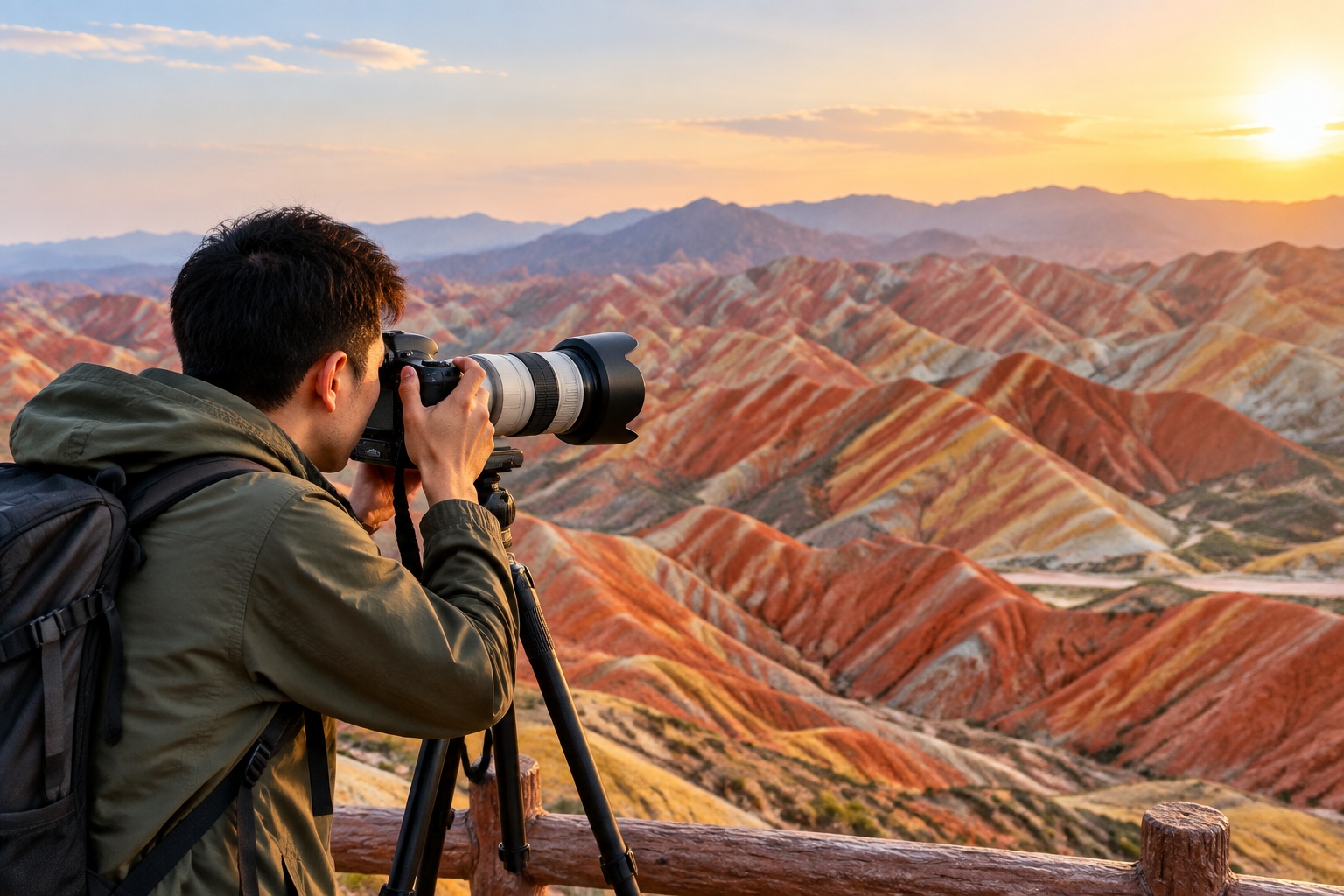 Photographer using telephoto lens at Zhangye Danxia