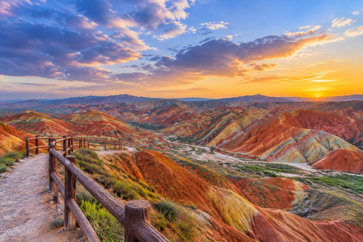Panoramic view of Zhangye Danxia from a quiet trail