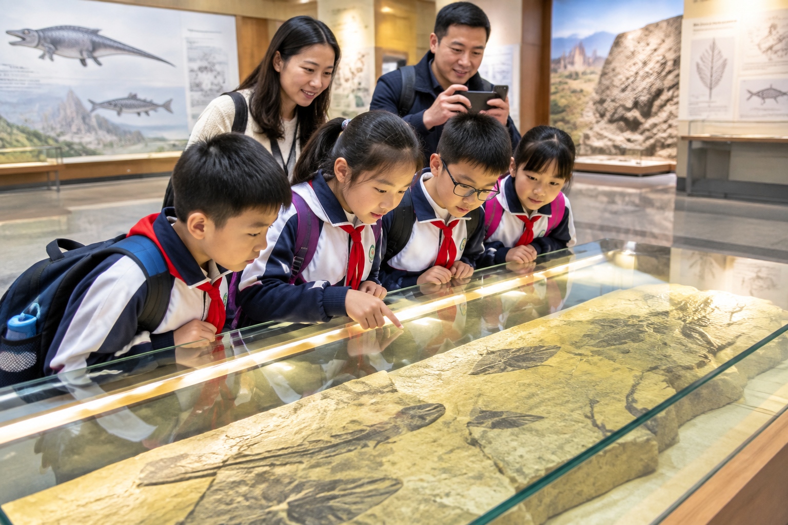 Schoolchildren leaning over a lit glass case holding a slab of yellowish-green shale with dark Cambrian fossil imprints at the Chengjiang Fossil Site Natural Museum in Yunnan, China