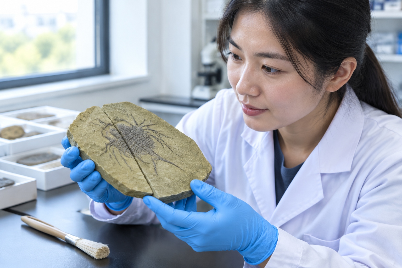 Gloved hands in a laboratory holding a split slab of yellowish-green mudstone showing a flattened Cambrian arthropod fossil with fine appendage impressions from Chengjiang, Yunnan