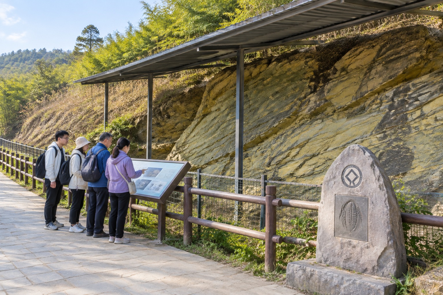 Visitors reading an information board beside the thin yellowish-green shale layers of the protected Maotianshan quarry at the Chengjiang fossil site in Yunnan, China