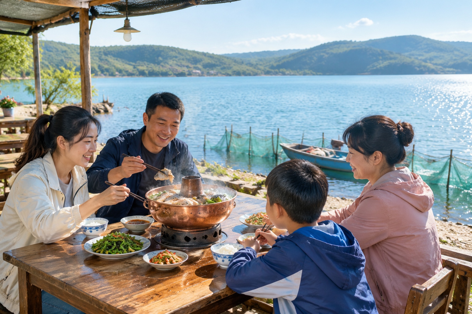 An open-air lakeside restaurant serving copper-pot fish beside the clear blue water of Fuxian Lake near Chengjiang, Yunnan, China