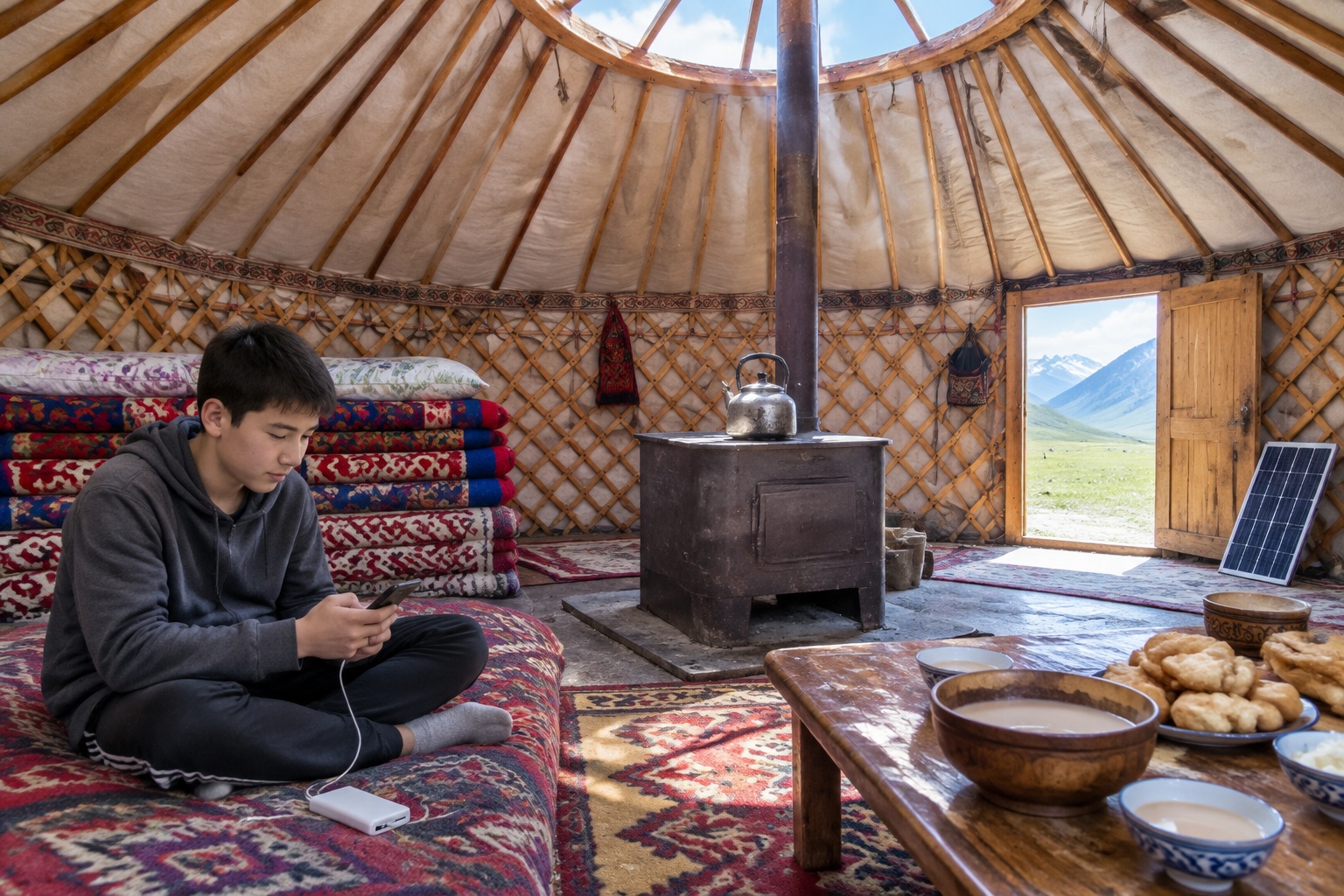Interior of a Kazakh family yurt on a summer pasture in the Tianshan Mountains, with felt rugs, an iron stove, bowls of milk tea and a boy charging his phone from a solar-powered power bank