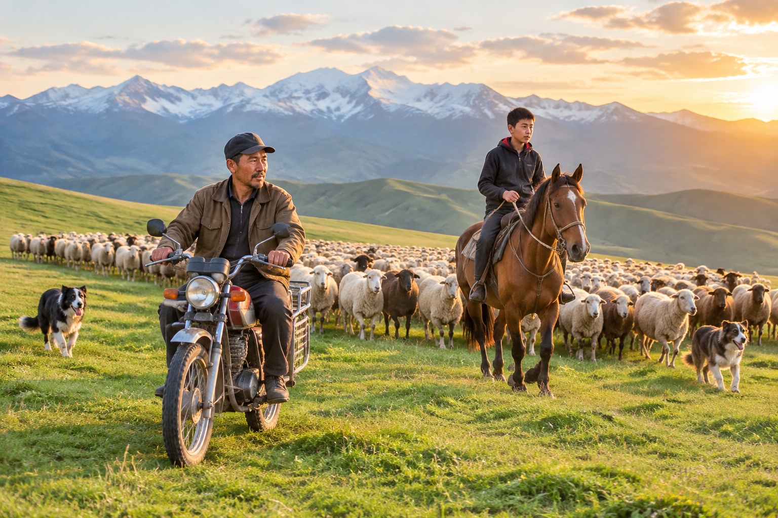 A Kazakh herder on a motorcycle and a teenage boy on horseback moving a flock of sheep across a green ridge in the Tianshan Mountains at golden hour, with two herding dogs