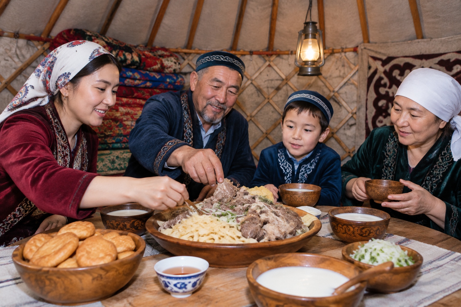 A Kazakh herding family sharing beshbarmak, boiled mutton and kumis around a low table inside their yurt on a summer pasture in Xinjiang