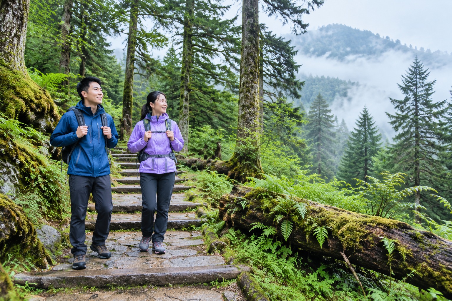 Hikers walking a wooden boardwalk through ancient mossy forest in Shennongjia National Park, Hubei, China