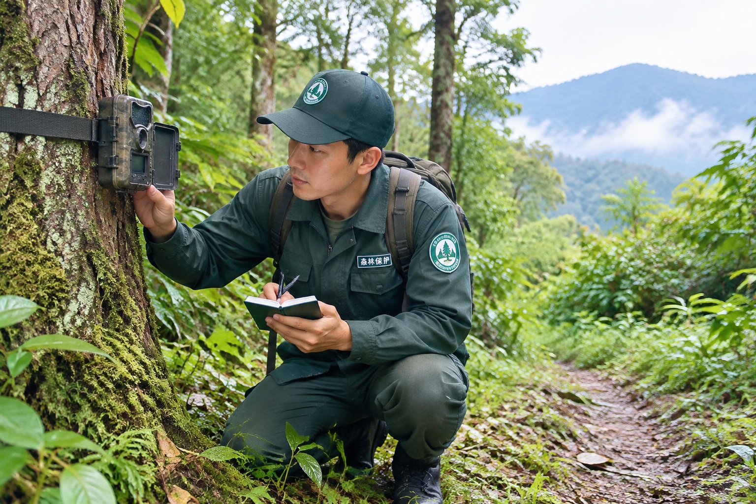 A forest ranger in Shennongjia checking the batteries and memory card of an infrared wildlife camera trap in the forest