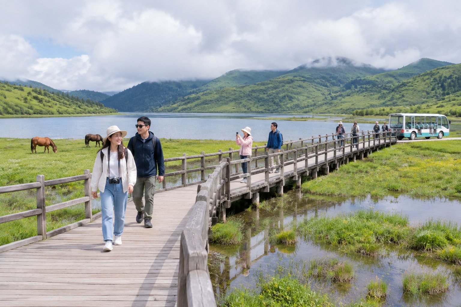 Visitors on a wooden boardwalk across the high-altitude wetland of Dajiu Lake in Shennongjia, with meadows and hills behind