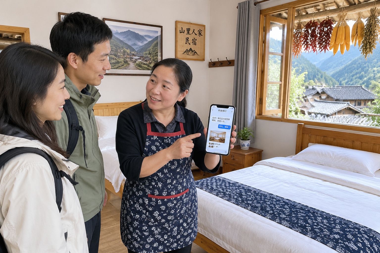 A guesthouse owner in Muyu Town, Shennongjia showing a room to guests while checking a booking on his phone