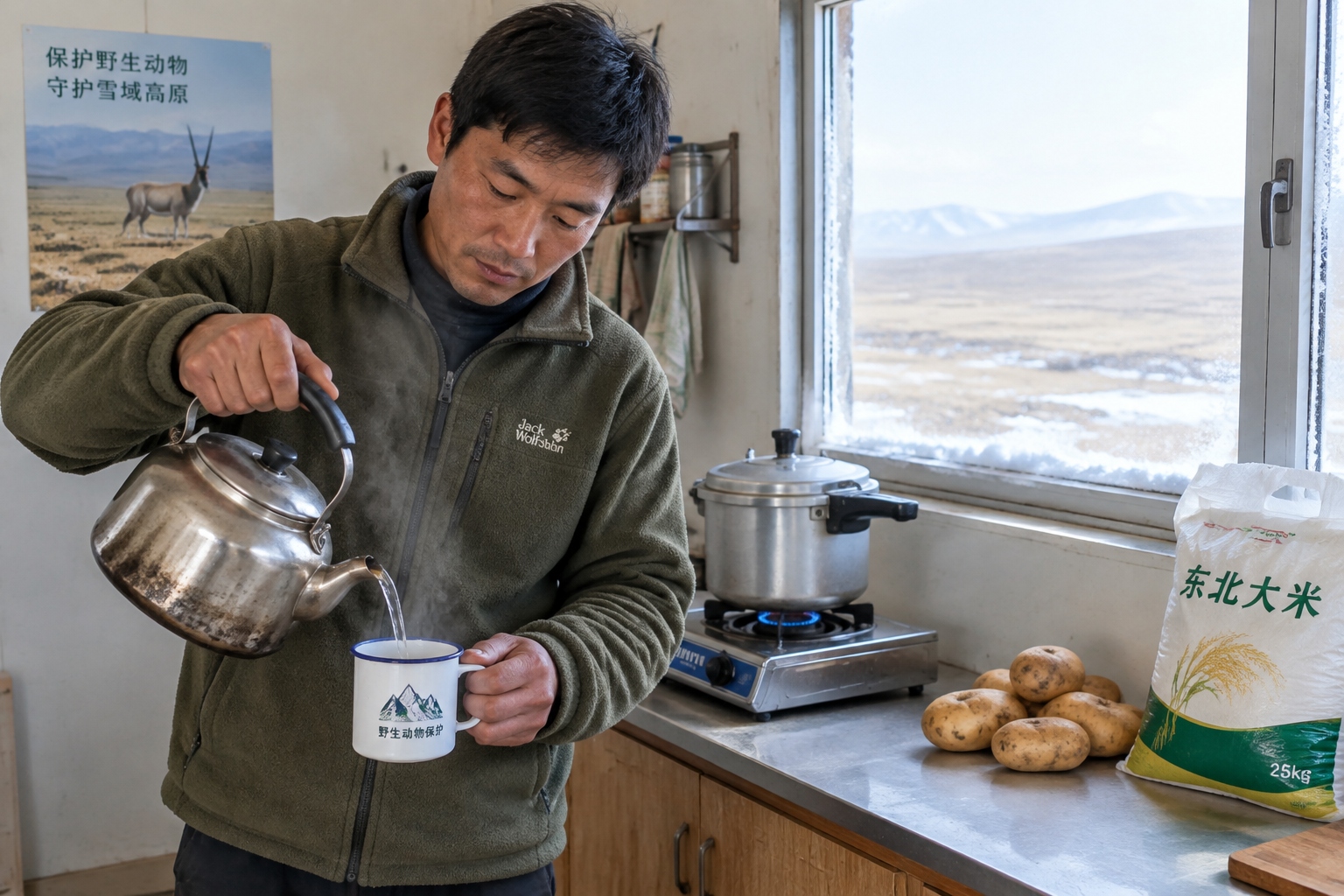 Hoh Xil: At 4,600 Meters, How Do the People Protecting Tibetan Antelopes Live? 22 A ranger pours tea in the kitchen of the Sonam Dargye Protection Station in Hoh Xil, where thin air makes water boil at about 85 degrees Celsius