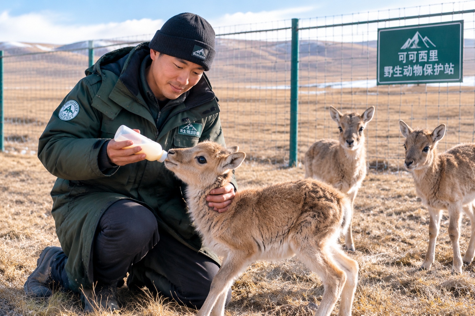 Hoh Xil: At 4,600 Meters, How Do the People Protecting Tibetan Antelopes Live? 23 A patroller bottle-feeds an orphaned Tibetan antelope calf at the wildlife rescue pen in Hoh Xil, Qinghai Province, China