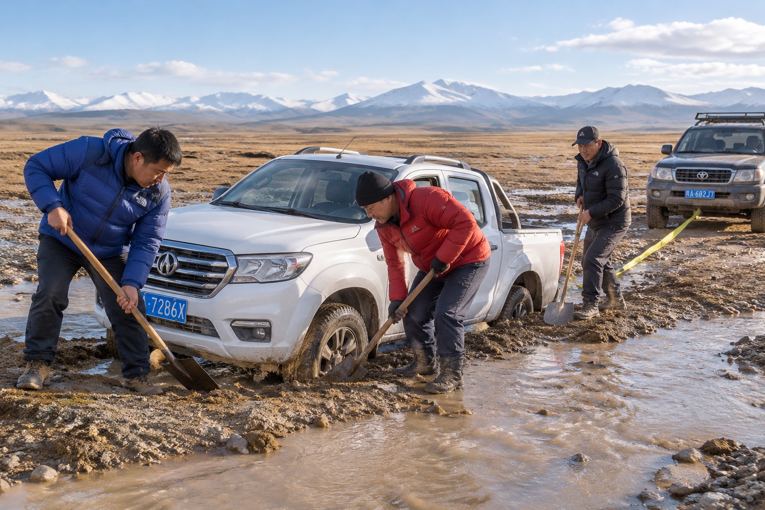 Hoh Xil: At 4,600 Meters, How Do the People Protecting Tibetan Antelopes Live? 24 Patrollers dig a stuck pickup truck out of a river channel during a wildlife patrol across the roadless Hoh Xil plateau