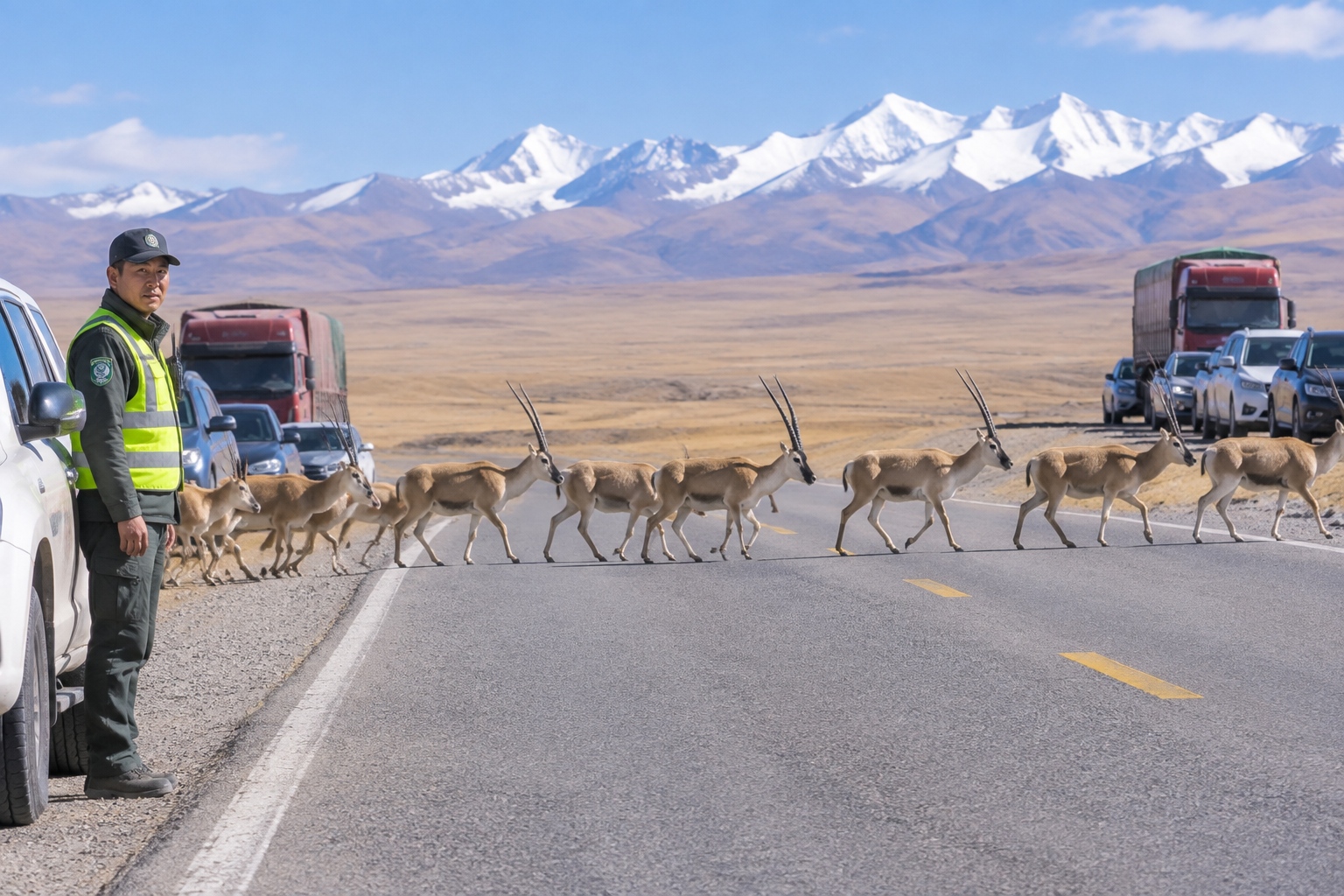 Hoh Xil: At 4,600 Meters, How Do the People Protecting Tibetan Antelopes Live? 25 A herd of Tibetan antelopes crosses the Qinghai-Tibet Highway in Hoh Xil while trucks and cars wait during the summer migration