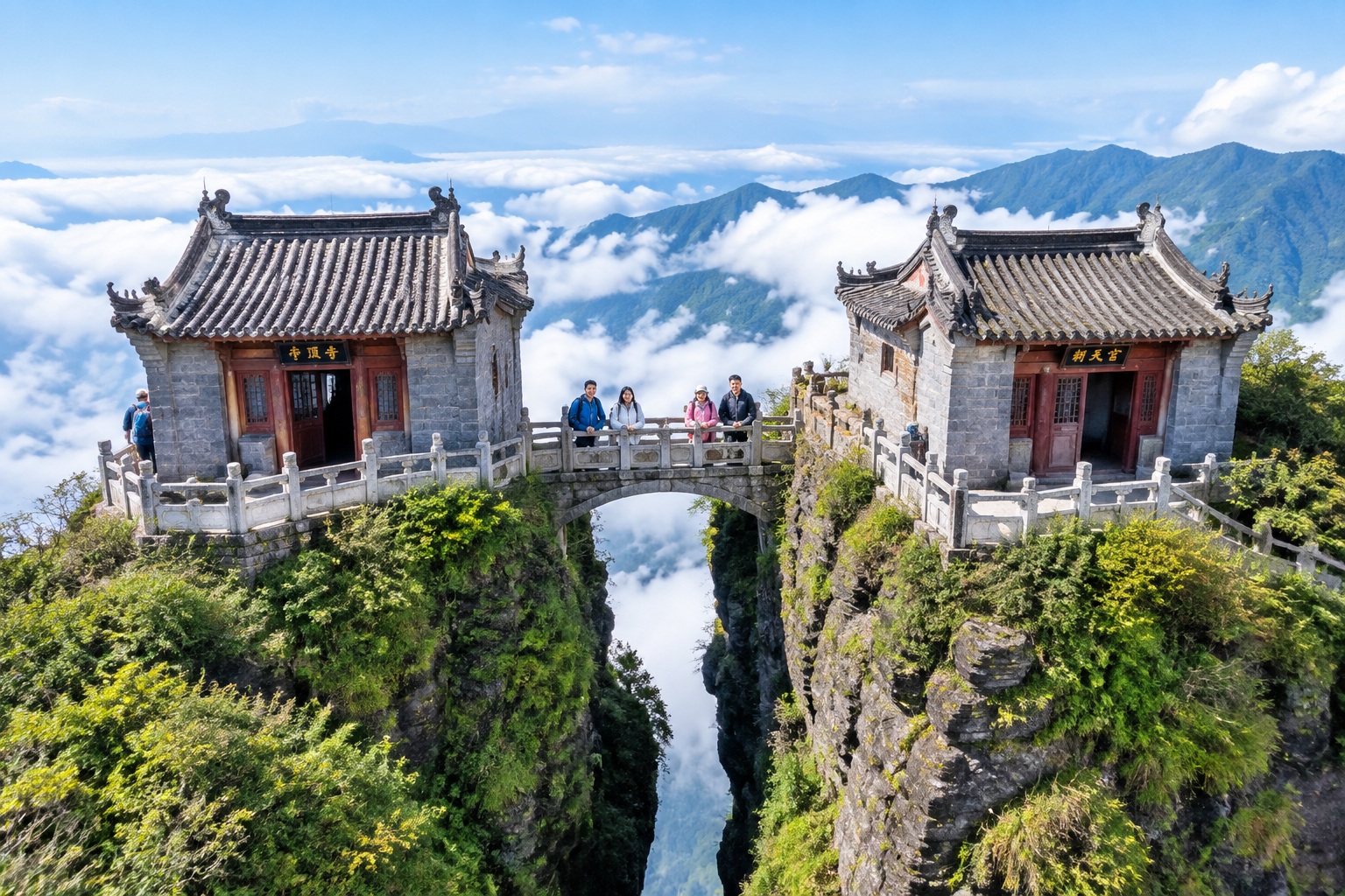 Two small Buddhist temples on the split summit of Red Cloud Golden Peak at Fanjingshan, connected by a stone bridge above a sea of clouds
