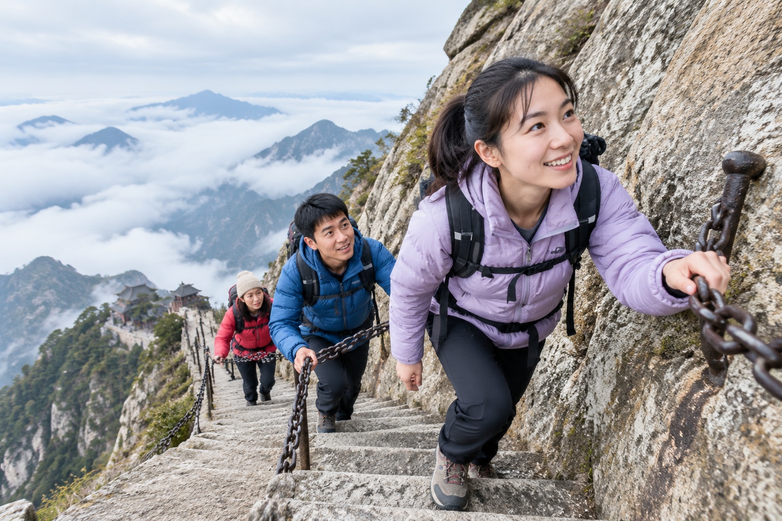Hikers gripping an iron chain while climbing a steep single-lane stone staircase cut into the rock face of Red Cloud Golden Peak in Guizhou