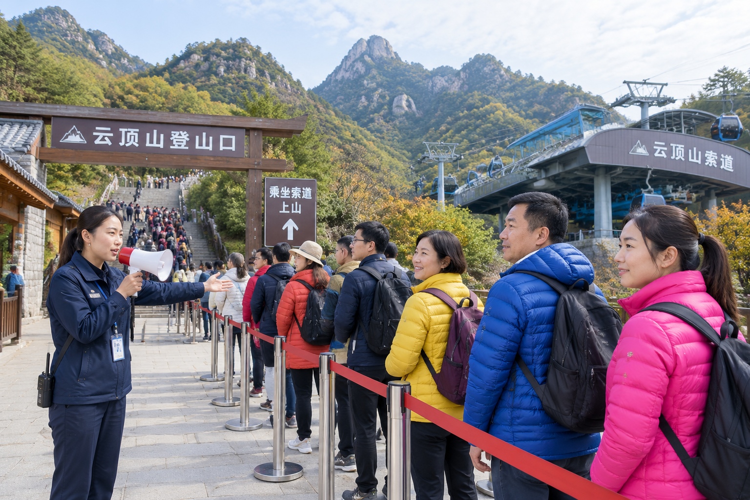 Visitors queuing between rope barriers at the base of Red Cloud Golden Peak before climbing, with a staff member managing the line at Fanjingshan