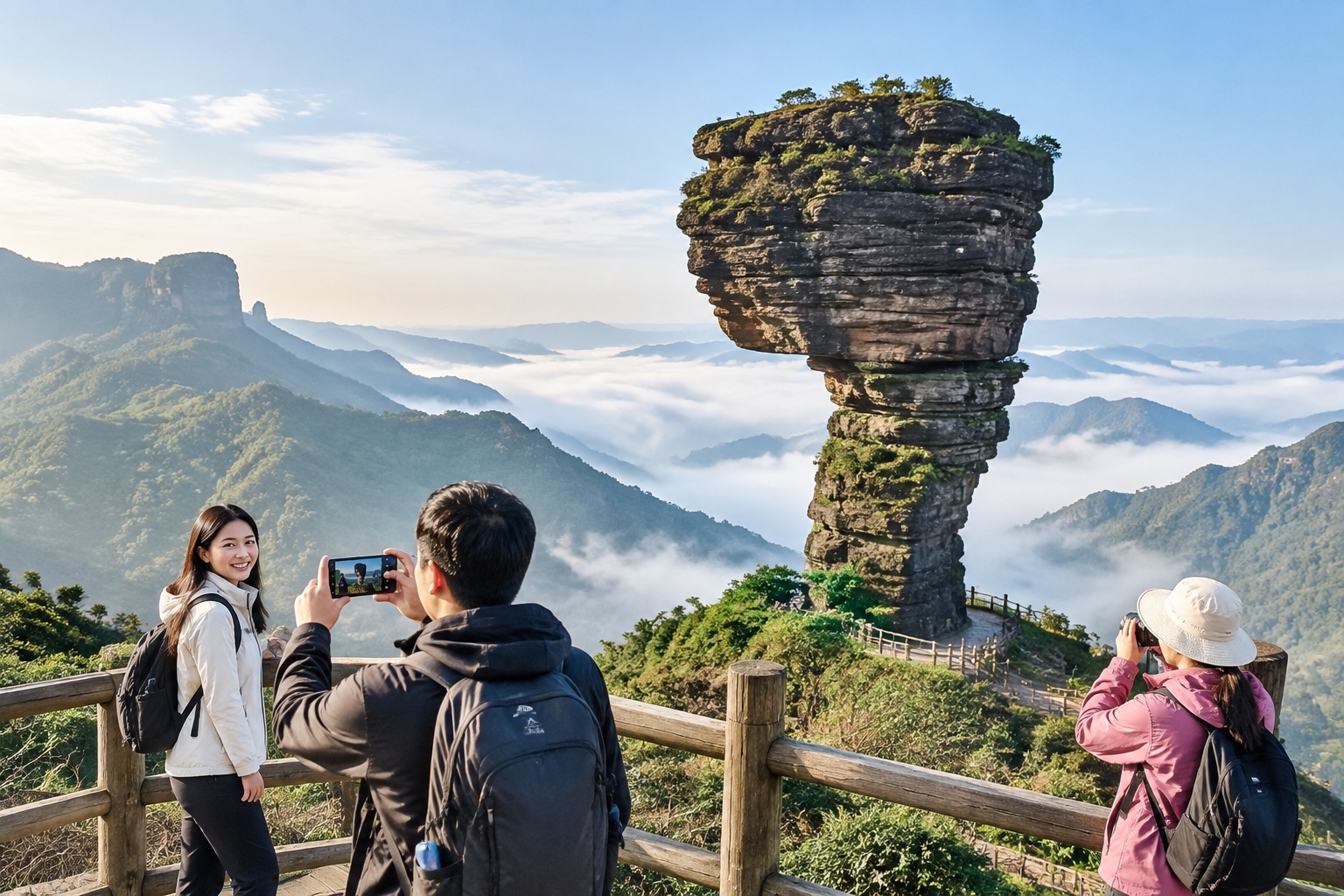 Tourists photographing the Mushroom Rock, a balanced boulder on a narrow stem, with mist filling the valley at Fanjingshan in Guizhou, China