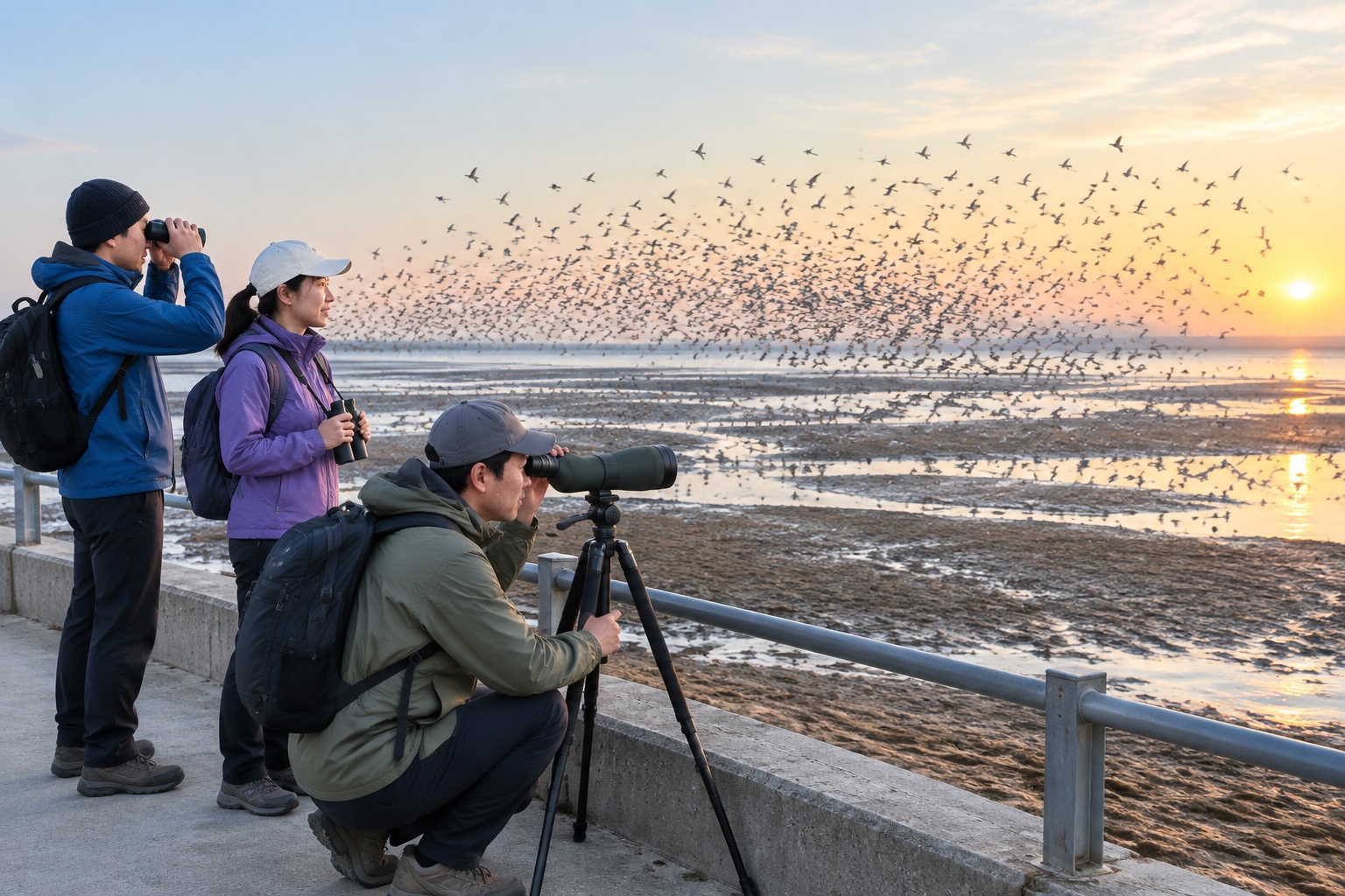 Birdwatchers with a spotting scope on a concrete seawall watching thousands of shorebirds swirl over the mudflats at sunrise on the Jiangsu coast, China