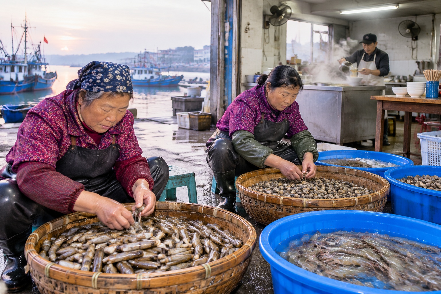 Women sorting razor clams and shellfish into bamboo baskets at a small coastal market in Jianggang, Jiangsu, China, with a breakfast noodle stall steaming in the background