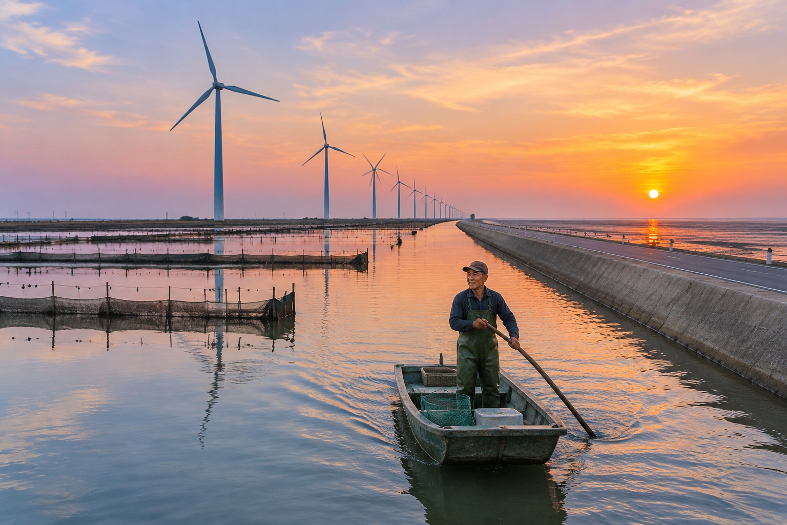 Wind turbines and mirror-flat aquaculture ponds along the sea wall road on the Jiangsu coast at dusk, with a fisherman paddling a small boat home through a tidal channel