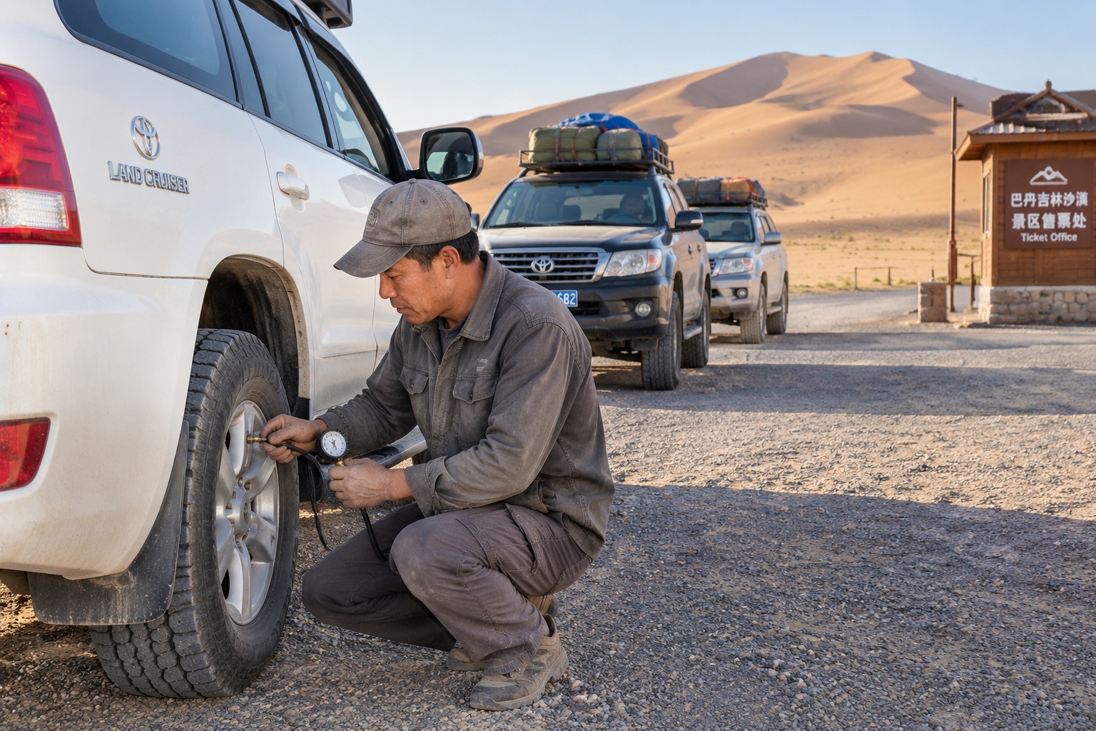 A driver deflates the tires of a white 4WD at the entrance gate of the Badain Jaran Desert in Inner Mongolia, with other vehicles waiting behind him.