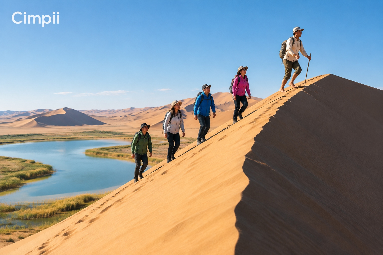 Hikers climbing the sharp ridge of a giant sand dune in the Badain Jaran Desert, with a desert lake far below them.