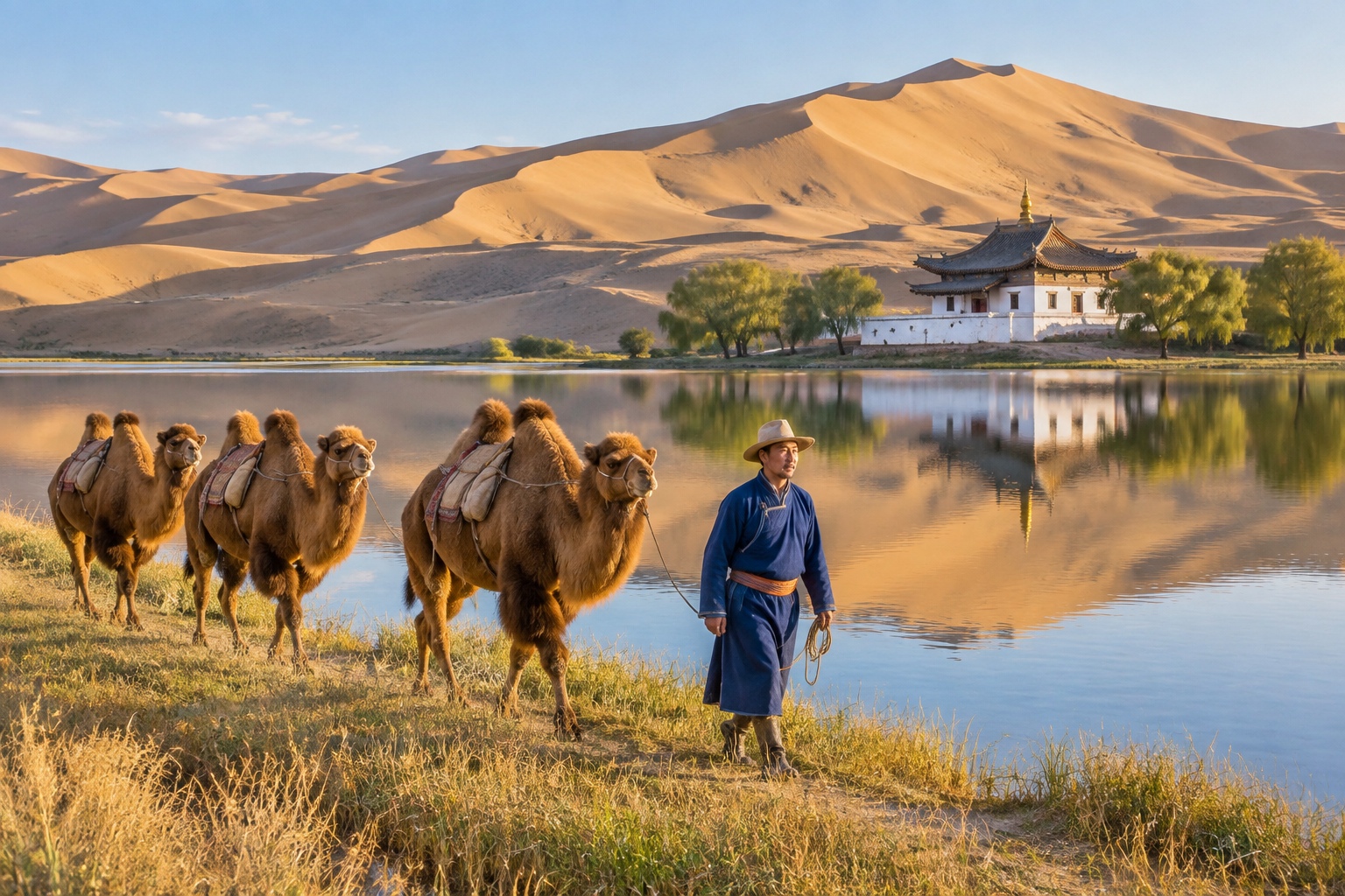 A herder leads Bactrian camels along a reed-fringed desert lake with a small white Tibetan Buddhist temple standing on the shore behind.