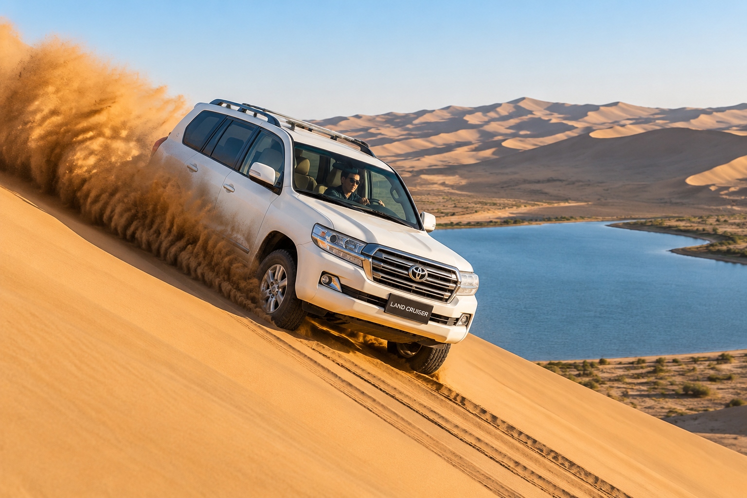 A 4WD vehicle slides down a steep sand dune in the Badain Jaran Desert, throwing up a long plume of sand.