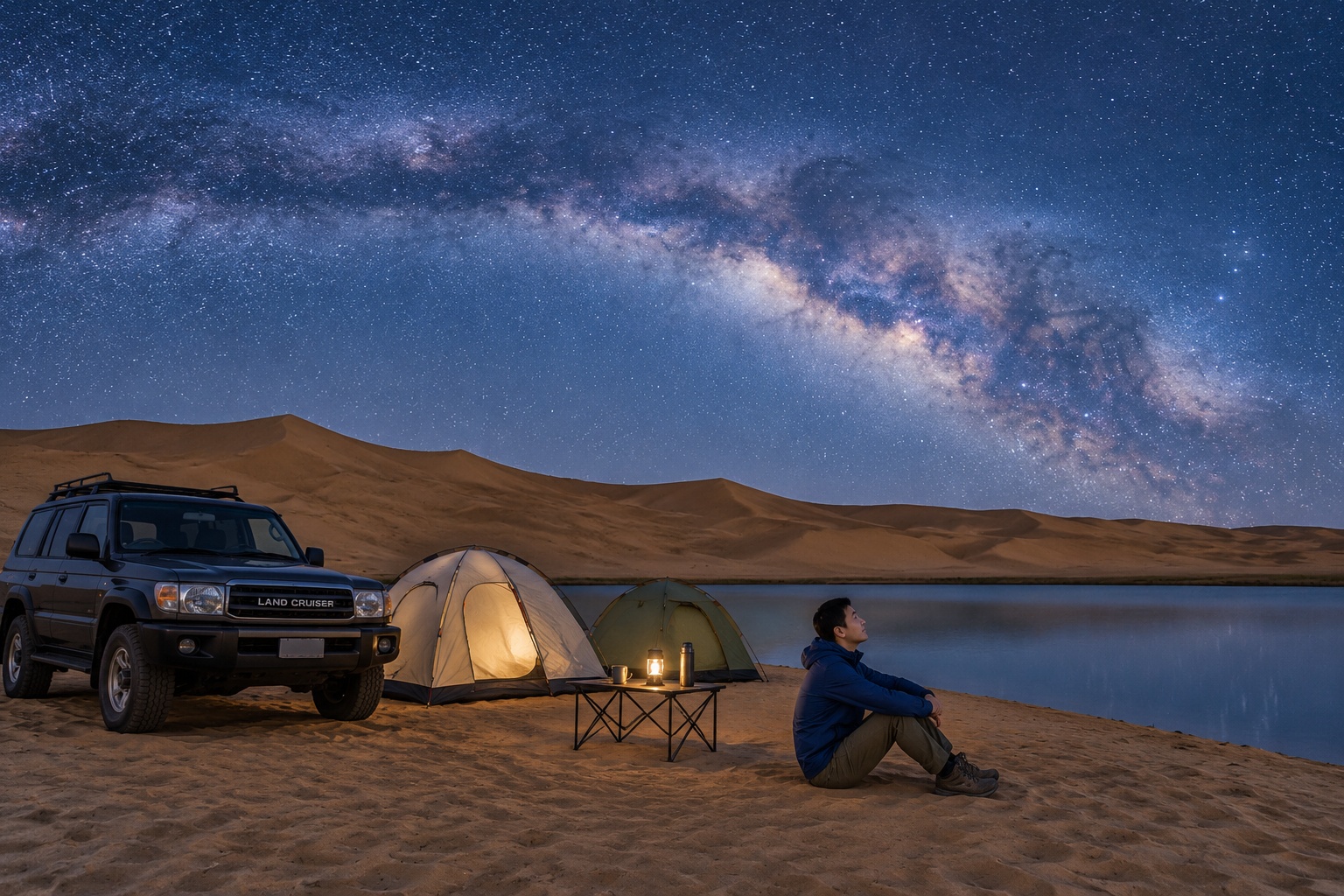 Small tents and a parked 4WD under the Milky Way at a lakeside desert camp in the Badain Jaran Desert.