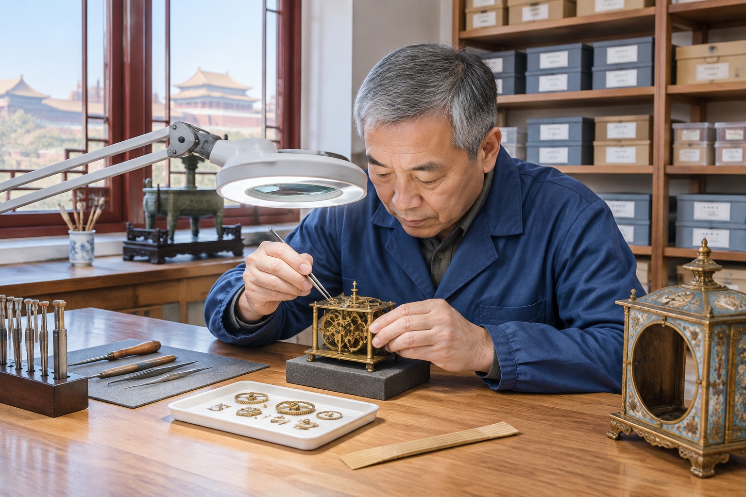 A restorer at a wooden bench in the Palace Museum working on tiny brass gears of an antique imperial clock under a magnifying lamp